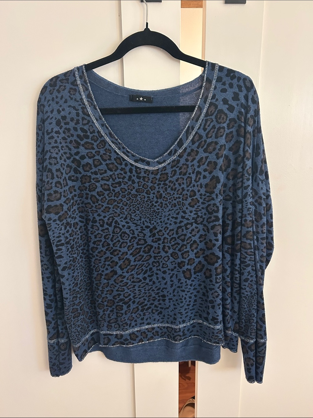Blue Leopard Print V-Neck Sweater